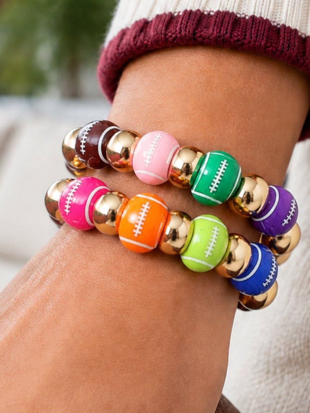 Set of 2 Football Beaded Stretch Bracelets Game Day Sports Rainbow Multi Color
